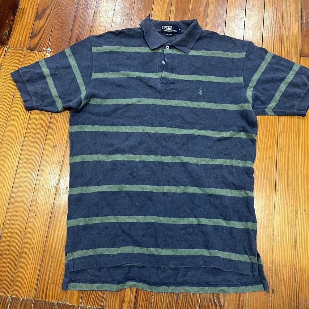 Y2K 2000s Polo Ralph Lauren navy blue + green striped polo shirt Size XL